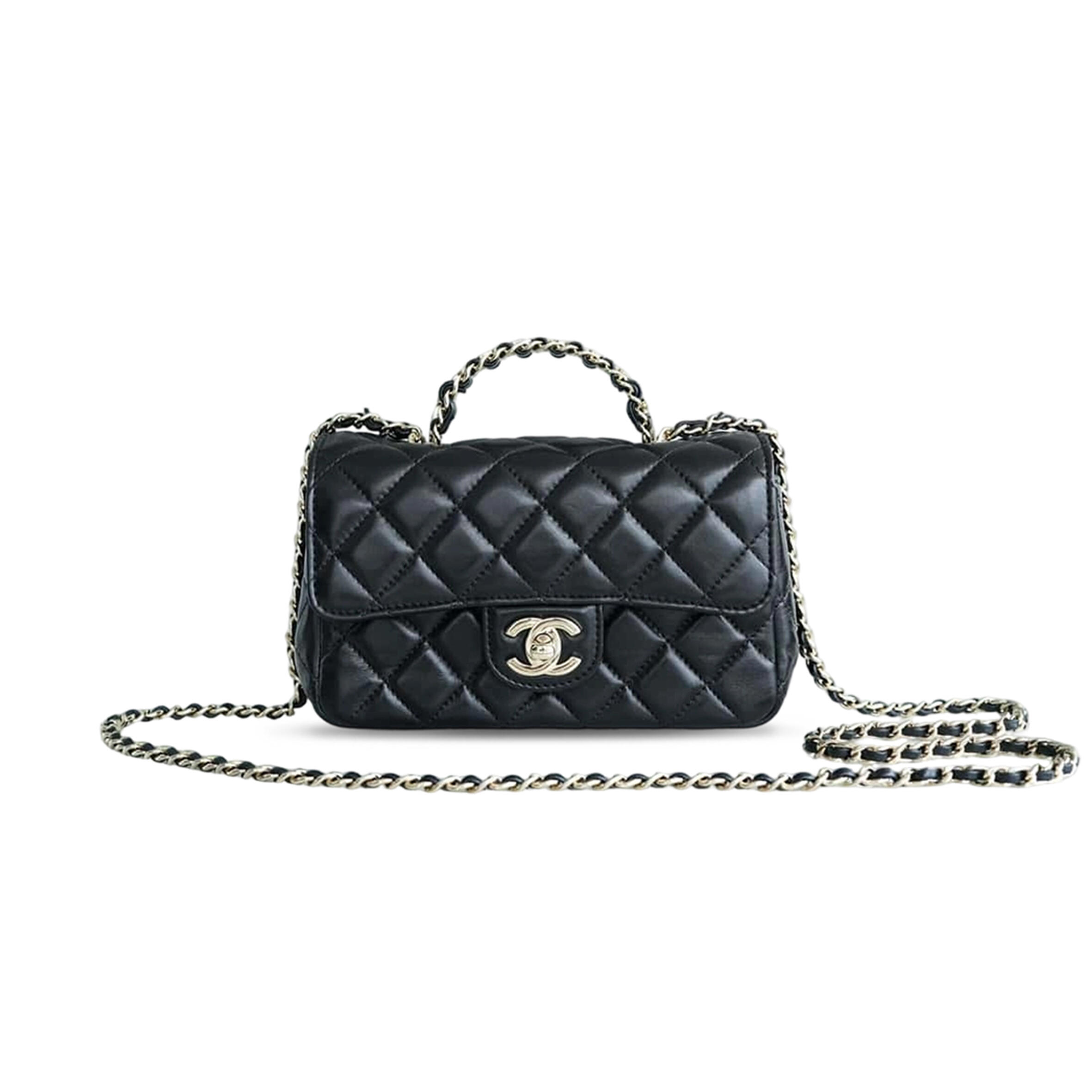 CHANEL LAMBSKIN QUILTED MINI CRYSTAL TOP HANDLE RECTANGULAR FLAP BLACK AS4140 (18*12*7cm)